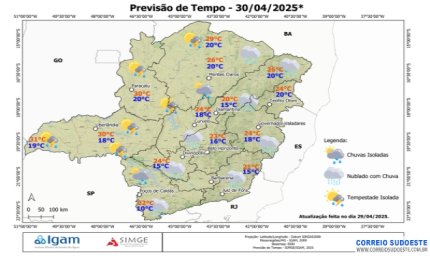 Sudeste terá muitas nuvens e chuva, nesta quarta-feira (30)