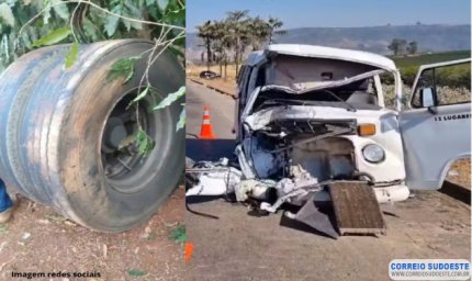 Roda de caminhão se solta, atinge Kombi e causa morte de passageiro