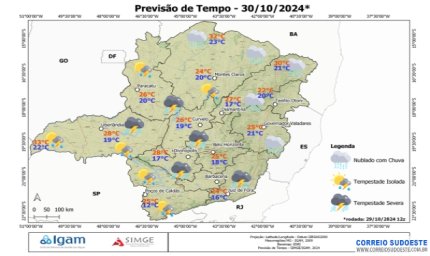 Quarta-feira (30) de predomínio de chuva para a região Sudeste e alerta para o Espírito Santo