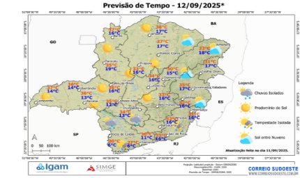 Sexta-feira (12) com chuvas em áreas do Sudeste