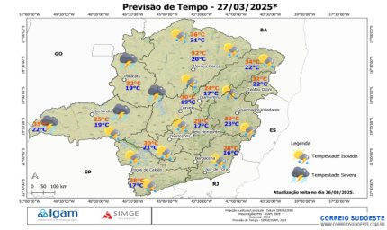 Sudeste terá chuva isolada em grande parte do território, nesta quinta-feira (27)