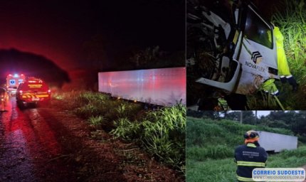 Bombeiros e Samu socorrem motorista que acidentou com carreta de bojo