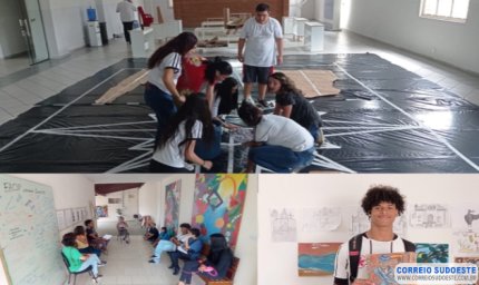 Estudantes da FAOP em Guaxupé produzem tapete devocional para exposição na Casa de Cultura, durante concurso regional de presépios