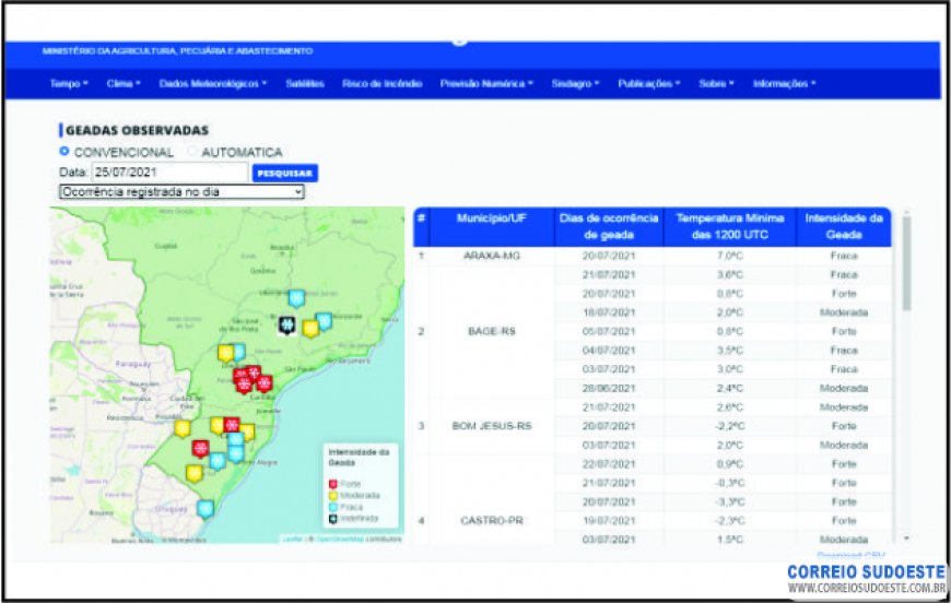 INMET DISPONIBILIZA PLATAFORMA DE MONITORAMENTO DE ESTIMATIVA DE GEADAS NO BRASIL
