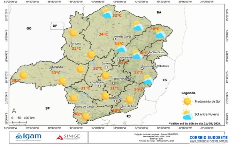Terça-feira (20) com alerta para onda de calor e baixa umidade em Minas Gerais