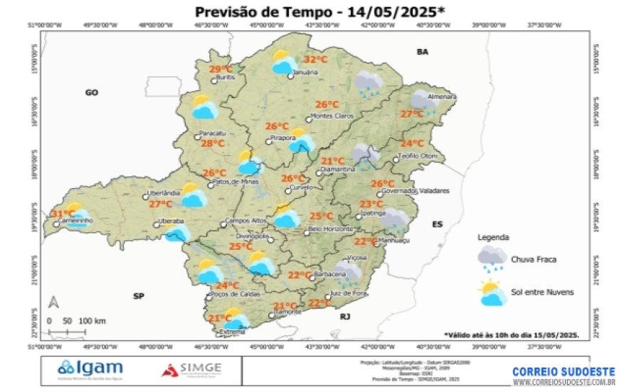 Sudeste varia entre poucas e muitas nuvens, nesta quarta-feira (14)