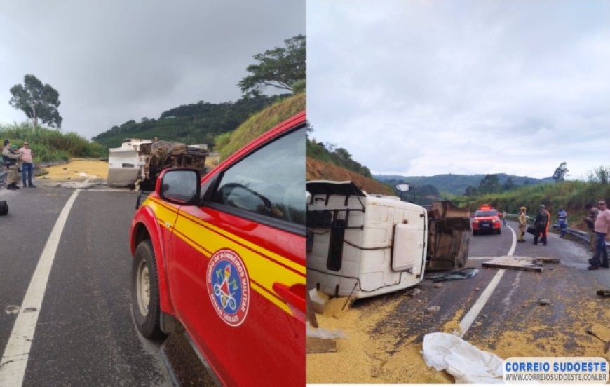 Carreta com soja tomba na “Serra de São Pedro”