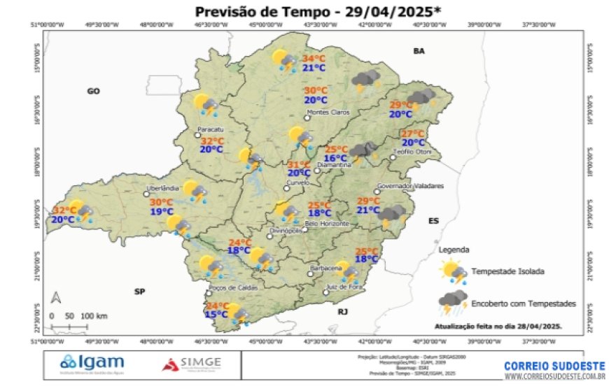 Previsão de chuva nesta terça na região Sudeste