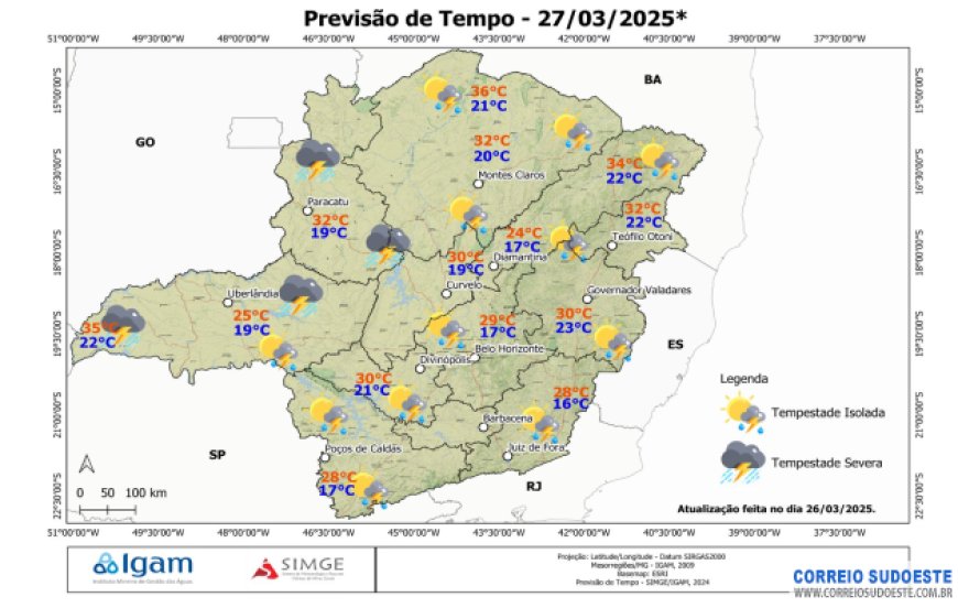 Sudeste terá chuva isolada em grande parte do território, nesta quinta-feira (27)