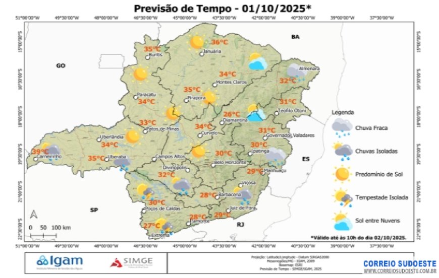 Pode chover à tarde em áreas de Minas Gerais neste 1º de outubro