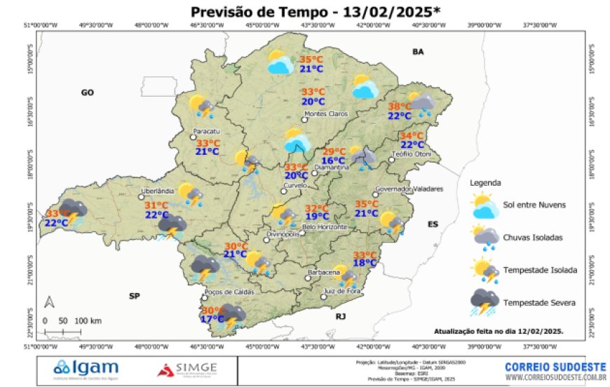 Sudeste terá chuvas em poucas áreas da região, nesta quinta-feira (13)