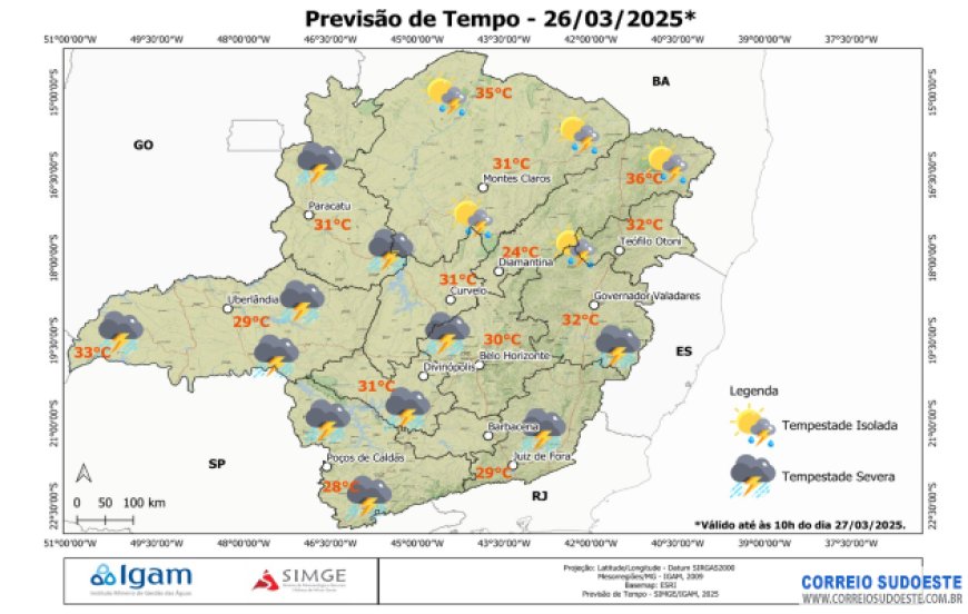 Alerta de perigo potencial de chuvas intensas para MG, RJ e ES