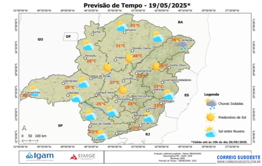 Variação de nuvens em grande parte do Sudeste nesta segunda-feira (19)