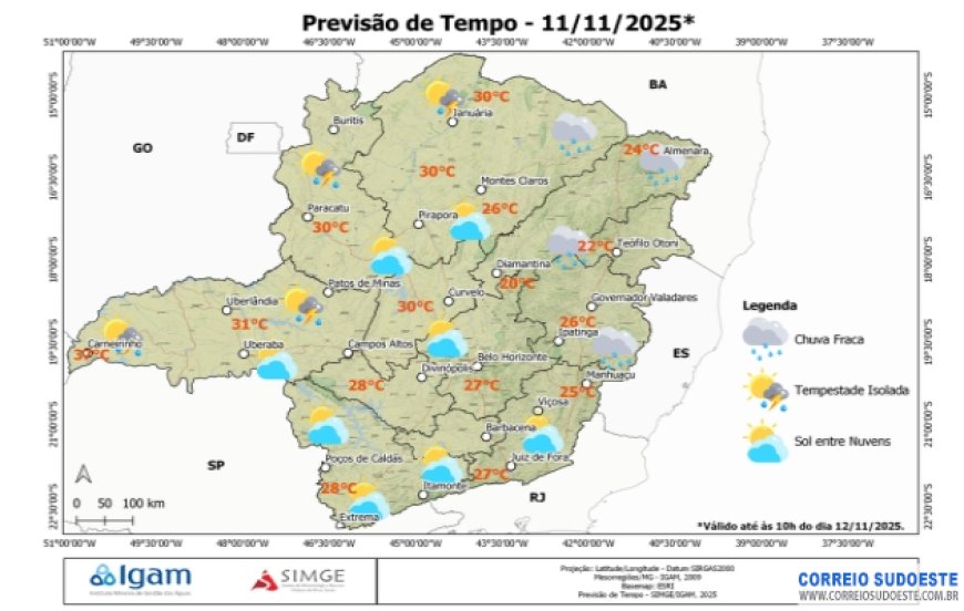 Tempo em Minas nesta terça-feira, dia 11